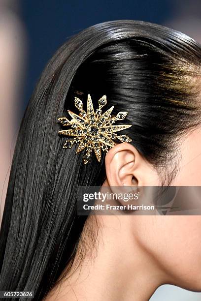 Detail of garments on a model walking the runway at the Marchesa fashion show during New York Fashion Week: The Shows at The Dock, Skylight at...