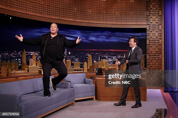 Episode 0533 -- Pictured: Actor Kevin James during an interview with host Jimmy Fallon on September 14, 2016 --