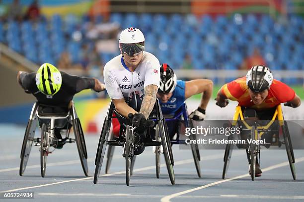 David Weir of Great Britain reacts after competing in the Men's 800m - T54 Heat on day 7 of the Rio 2016 Paralympic Games at the Olympic Stadium on...
