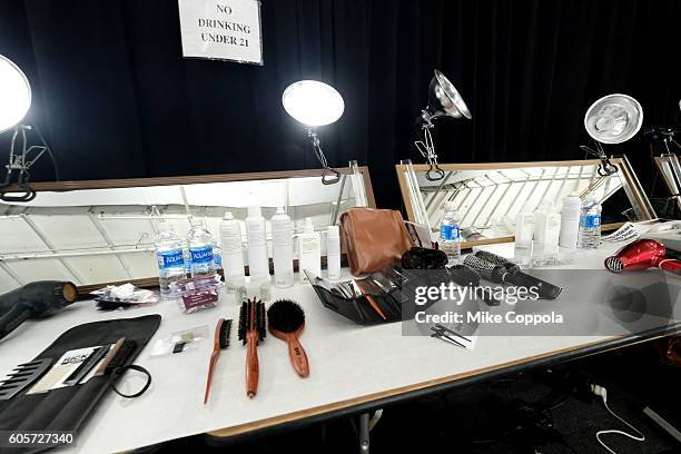 View of Maybelline makeup station backstage at the Naeem Khan fashion show seen around New York Fashion Week: The Shows at Skylight at Moynihan...