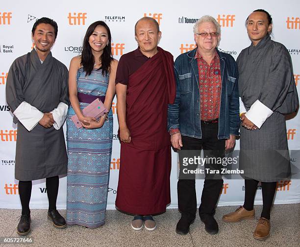Actor Tshering Dorj, actor Sadon Lhamo, director Khyentse Norbu, executive producer Jeremy Thomas, and producer Pawo Choyning Dorji attend the 'Hema...
