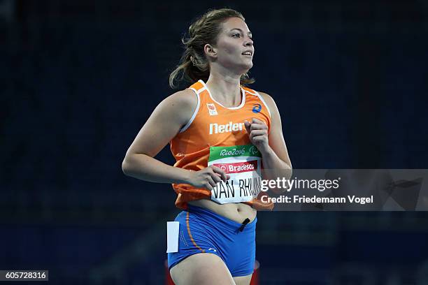 Marlou van Rhijn of the Netherlands reacts after competing in the Women's 200m - T44 Heat on day 7 of the Rio 2016 Paralympic Games at the Olympic...