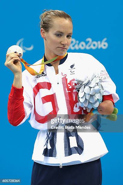 Silver medalist Claire Cashmore of Great Britain celebrates on the podium at the medal ceremony for the Womens 100m Breaststroke - SB8 Final during...