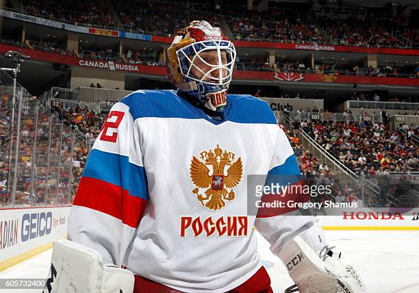 Sergei Bobrovsky of Team Russia skates during a time-out against the Team Canada at Consol Energy Center on September 14, 2016 in Pittsburgh,...