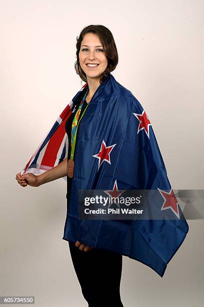 Eliza McCartney poses with her Bronze Medal won in the Womens Pole Vault at the Rio Olympic Games on September 15, 2016 in Auckland, New Zealand.