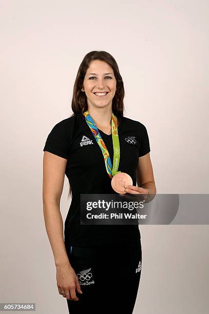 Eliza McCartney poses with her Bronze Medal won in the Womens Pole Vault at the Rio Olympic Games on September 15, 2016 in Auckland, New Zealand.