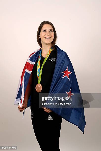 Eliza McCartney poses with her Bronze Medal won in the Womens Pole Vault at the Rio Olympic Games on September 15, 2016 in Auckland, New Zealand.