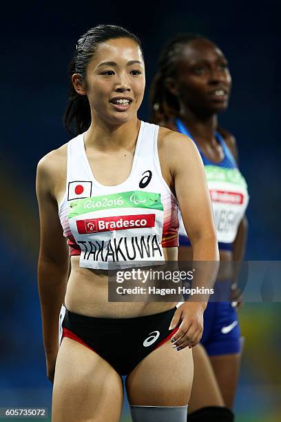 Saki Takakuwa of Japan competes in the Women's 200m T43/44 heat on day 7 of the Rio 2016 Paralympic Games at Olympic Stadium on September 14, 2016 in...