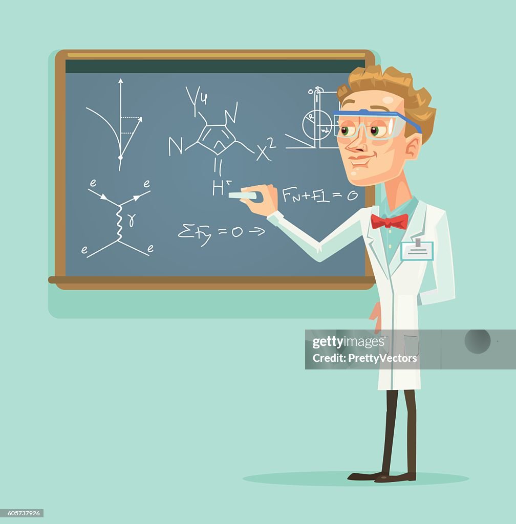 Young professor scientist character with chalkboard in classroom