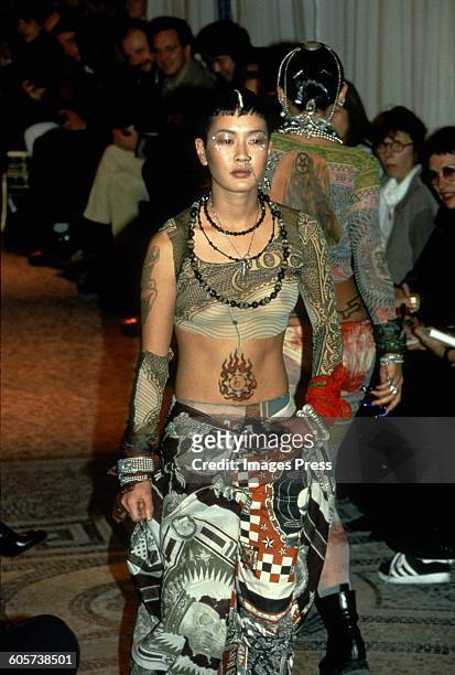 1990s: Jenny Shimizu at the Jean Paul Gaultier runway show show circa 1990s in Paris, France.