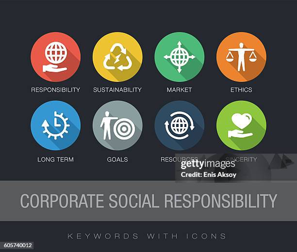 ilustraciones, imágenes clip art, dibujos animados e iconos de stock de palabras clave de responsabilidad social corporativa con iconos - responsible business