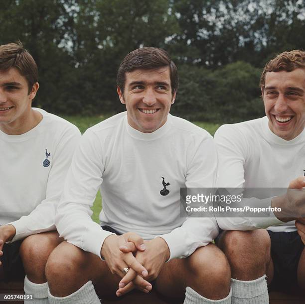 English footballer and midfielder with Tottenham Hotspur, Terry Venables pictured centre with forward Martin Chivers on right during a press call at...