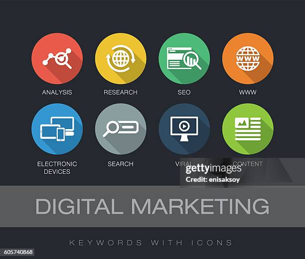 digital marketing keywords mit icons - marketing digital stock-grafiken, -clipart, -cartoons und -symbole