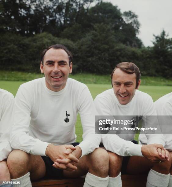 British footballers and strikers with Tottenham Hotspur, Alan Gilzean and Jimmy Greaves pictured together during a press call at Spurs' training...