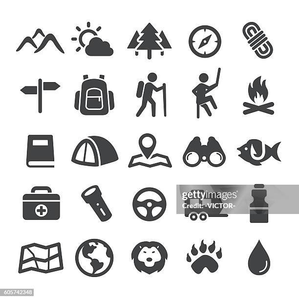 ilustraciones, imágenes clip art, dibujos animados e iconos de stock de iconos de viajes, aventuras y campings - smart series - montañismo