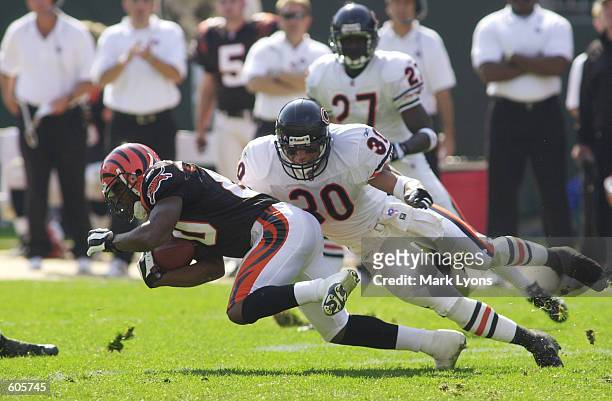 Peter Warrick of the Cincinnati Bengals dives for yardage against the defense of Mike Brown of the Chicago Bears during the game at Paul Brown...