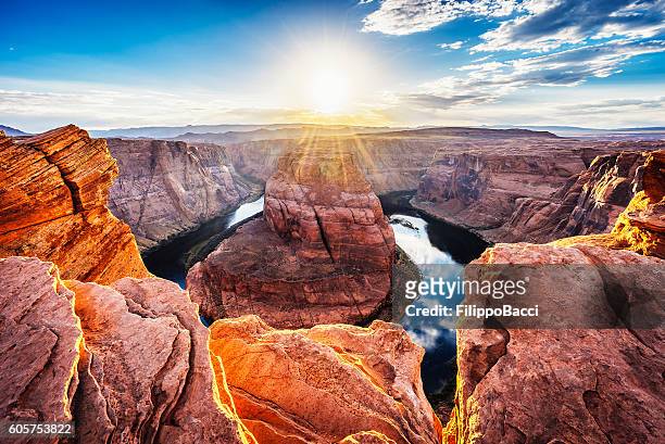 horseshoe bend at sunset - colorado river, arizona - hdri stock pictures, royalty-free photos & images
