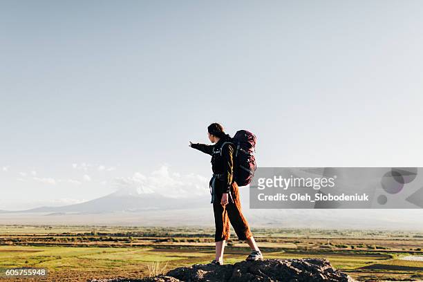 woman with backpack - beautiful armenian women stock pictures, royalty-free photos & images