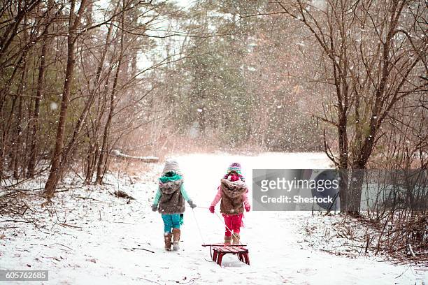girls walking in snowy field - massachusetts winter stock pictures, royalty-free photos & images