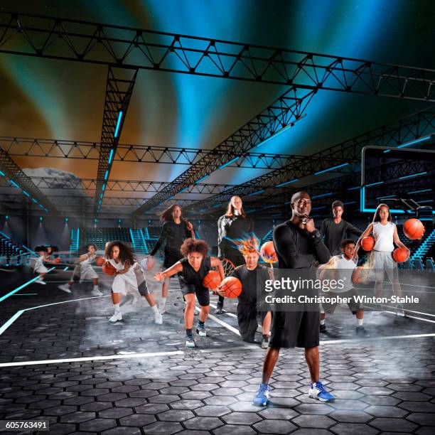 composite image of athletes playing basketball on court - cyber punk girl stock pictures, royalty-free photos & images
