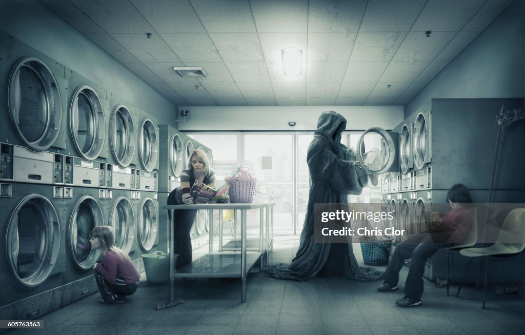 Grim Reaper doing laundry at laundromat