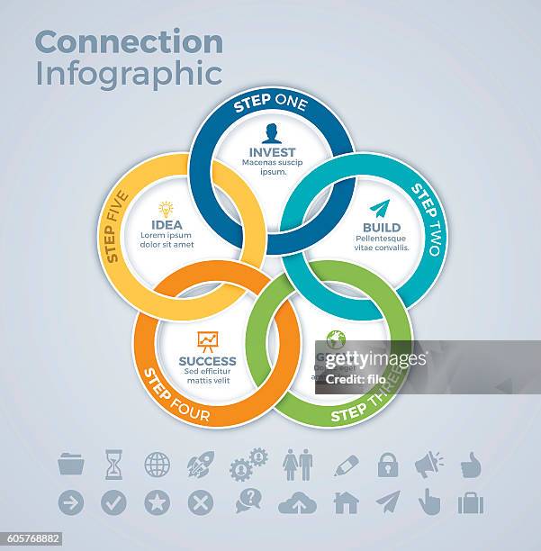 ilustrações, clipart, desenhos animados e ícones de infográfico de círculos de conexão de cinco passos - lorem ipsum