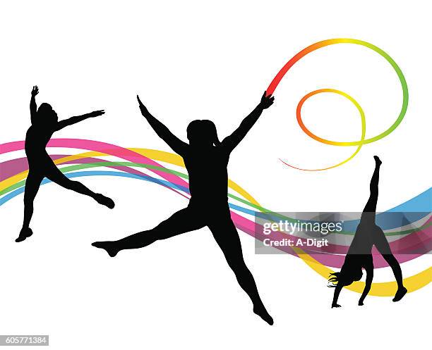 stockillustraties, clipart, cartoons en iconen met gymnastics ribbon wand - cartwheel