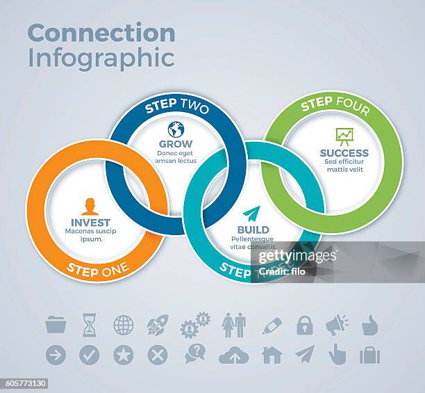 four connected circles infographic template - tag 4 stock illustrations