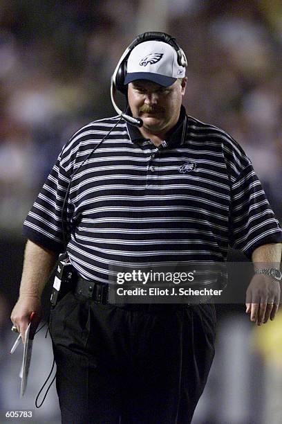 Philadelphia Eagles head coach Andy Reid walks up the sideline during the game against the St. Louis Rams at Veterans Stadium in Philadelphia,...