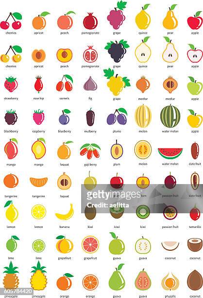 fruit icons – big set of seventy-two vector icons - quince stock illustrations