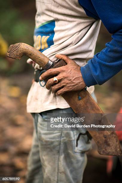 man carrying large machete knife in forest - machete photos et images de collection