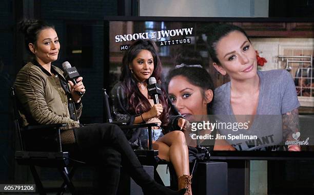 Personalities Jennifer "JWOWW" Farley and Nicole "Snooki" LaVall attend The BUILD Series to discuss their new Awestruck show "Moms With Attitude" at...