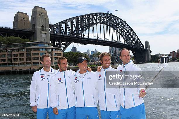 The Davis Cup team of Slovakia take a selfie prior to the Davis Cup World Group Playoff Australia v Slovakia Official Draw at Circular Quay on...