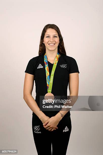 Eliza McCartney poses with her Bronze Medal won in the Womens Pole Vault at the Rio Olympic Games on September 15, 2016 in Auckland, New Zealand.