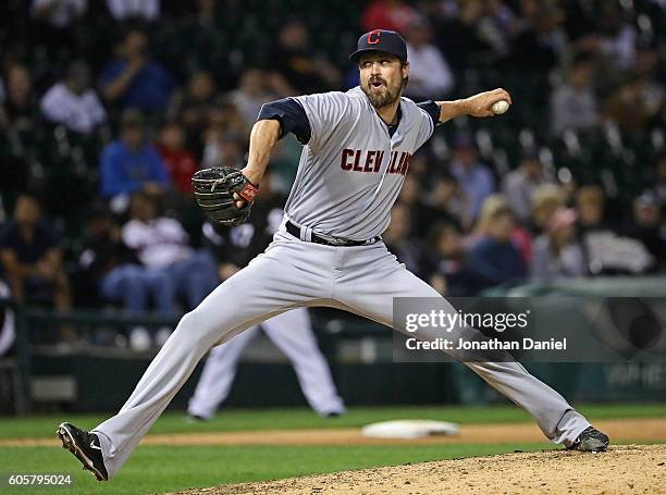 Andrew Miller of the Cleveland Indians pitches in the 8th inning against the Chicago White Sox at U.S. Cellular Field on September 14, 2016 in...