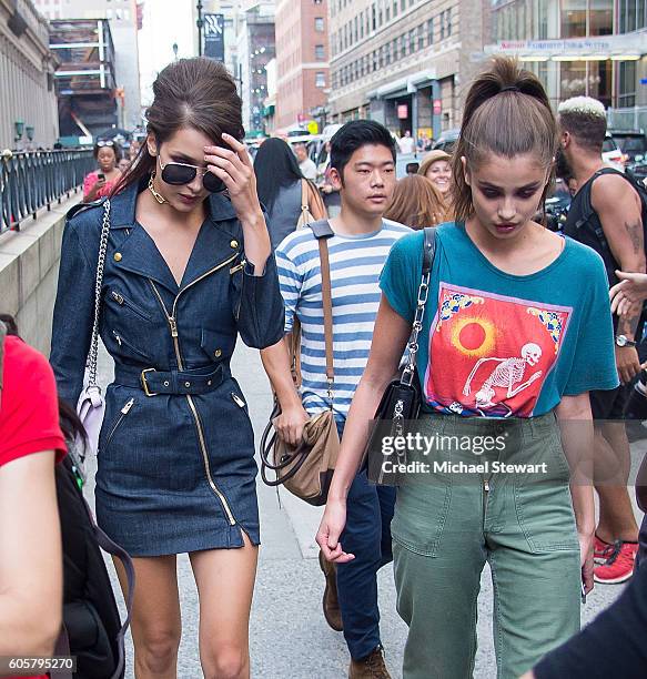 Models Bella Hadid and Taylor Hill are seen is Midtown on September 14, 2016 in New York City.