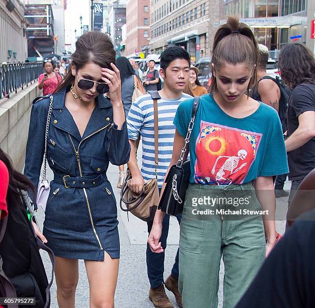 Models Bella Hadid and Taylor Hill are seen is Midtown on September 14, 2016 in New York City.