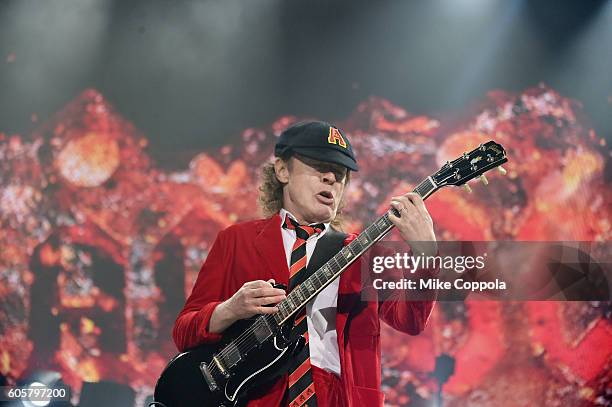 Guitar player Angus Young of AC/DC performs during the AC/DC Rock Or Bust Tour at Madison Square Garden on September 14, 2016 in New York City.