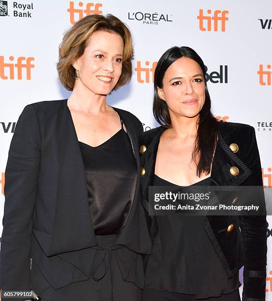 Actress Sigourney Weaver and actress Michelle Rodriguez attend the " Assignment" premiere during 2016 Toronto International Film Festival at Ryerson...