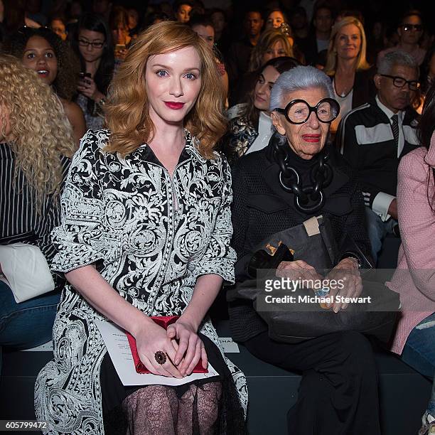 Actress Christina Hendricks and Iris Apfel attend the Naeem Khan fashion show during September 2016 New York Fashion Week at The Arc, Skylight at...