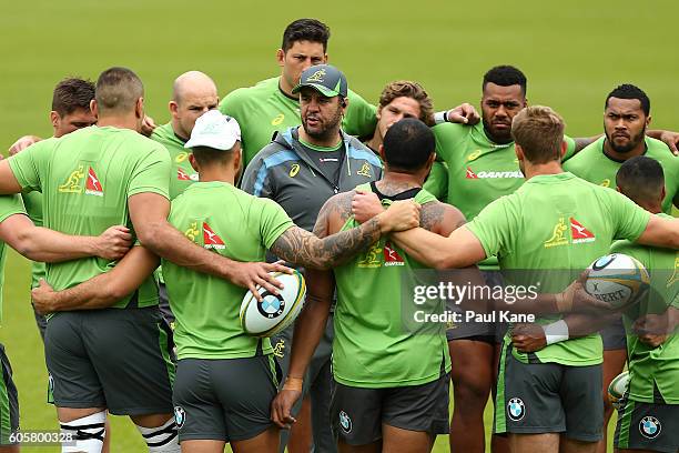 Wallabies coach Michael Cheika addresses his players during an Australian Wallabies training session at the WA Rugby Centre on September 15, 2016 in...