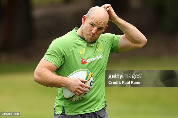 Stephen Moore looks on during an Australian Wallabies training session at the WA Rugby Centre on September 15, 2016 in Perth, Australia.