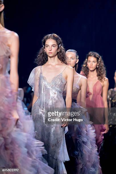 Models walk runway during the Marchesa show September 2016 New York Fashion Week at The Dock, Skylight at Moynihan Station on September 14, 2016 in...