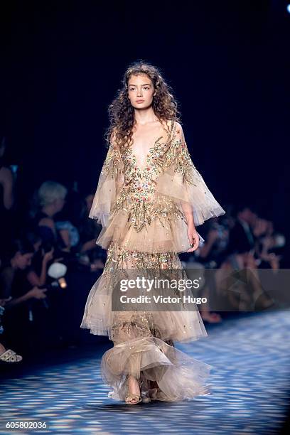 Models walk runway during the Marchesa show September 2016 New York Fashion Week at The Dock, Skylight at Moynihan Station on September 14, 2016 in...