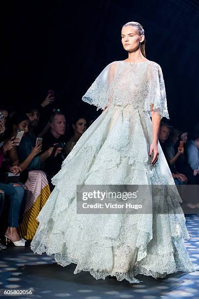 Models walk runway during the Marchesa show September 2016 New York Fashion Week at The Dock, Skylight at Moynihan Station on September 14, 2016 in...