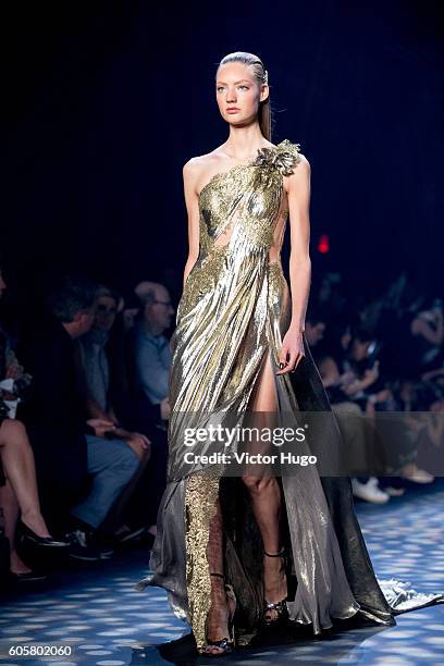 Models walk runway during the Marchesa show September 2016 New York Fashion Week at The Dock, Skylight at Moynihan Station on September 14, 2016 in...