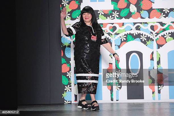 Designer Anna Sui greets the audience on the runway after the Anna Sui September 2016 New York Fashion Week: The Shows Spring 2017 season at The Arc,...