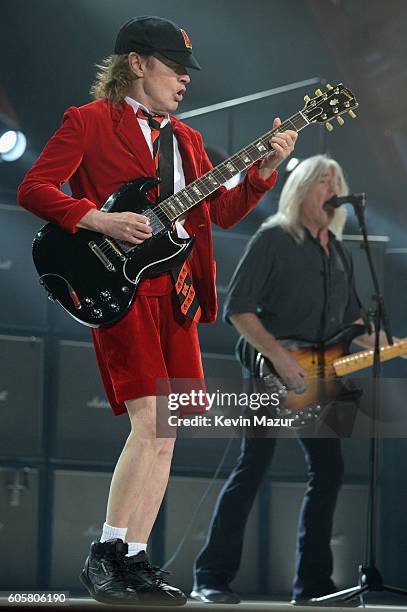 Guitarist Angus Young performs onstage during the AC/DC Rock Or Bust Tour at Madison Square Garden on September 14, 2016 in New York City.