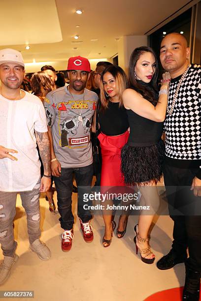 Prostyle, DJ Clue, Angela Yee, Gia Casey, and DJ Envy celebrate DJ Envy's birthday at Ferrari Corporate Showroom on September 14, 2016 in New York...