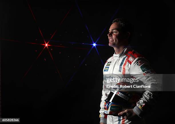 Craig Lowndes driver of the Team Vortex Holden poses during a V8 Supercars portrait session at Sandown International Motor Raceway on September 15,...